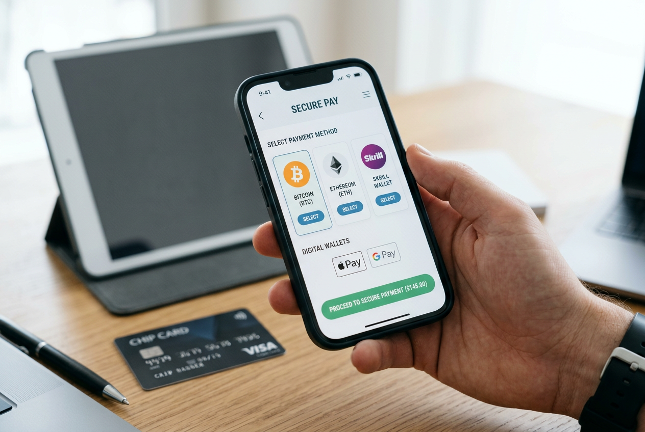 A close-up of a person using a smartphone for digital wallet and cryptocurrency transactions.