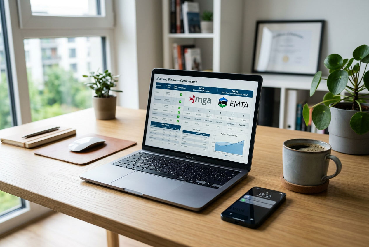 A professional desk setup with a laptop and phone showing casino license comparison charts.